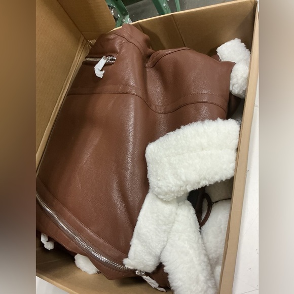 DIASHINY Faux Shearling Leather Jacket Brown Sherpa Moto Cropped Medium New - Picture 5 of 6